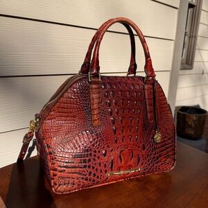 Brahmin Melbourne Croc Embossed Leather Satchel Pecan Brown Dome Bag w/ Strap